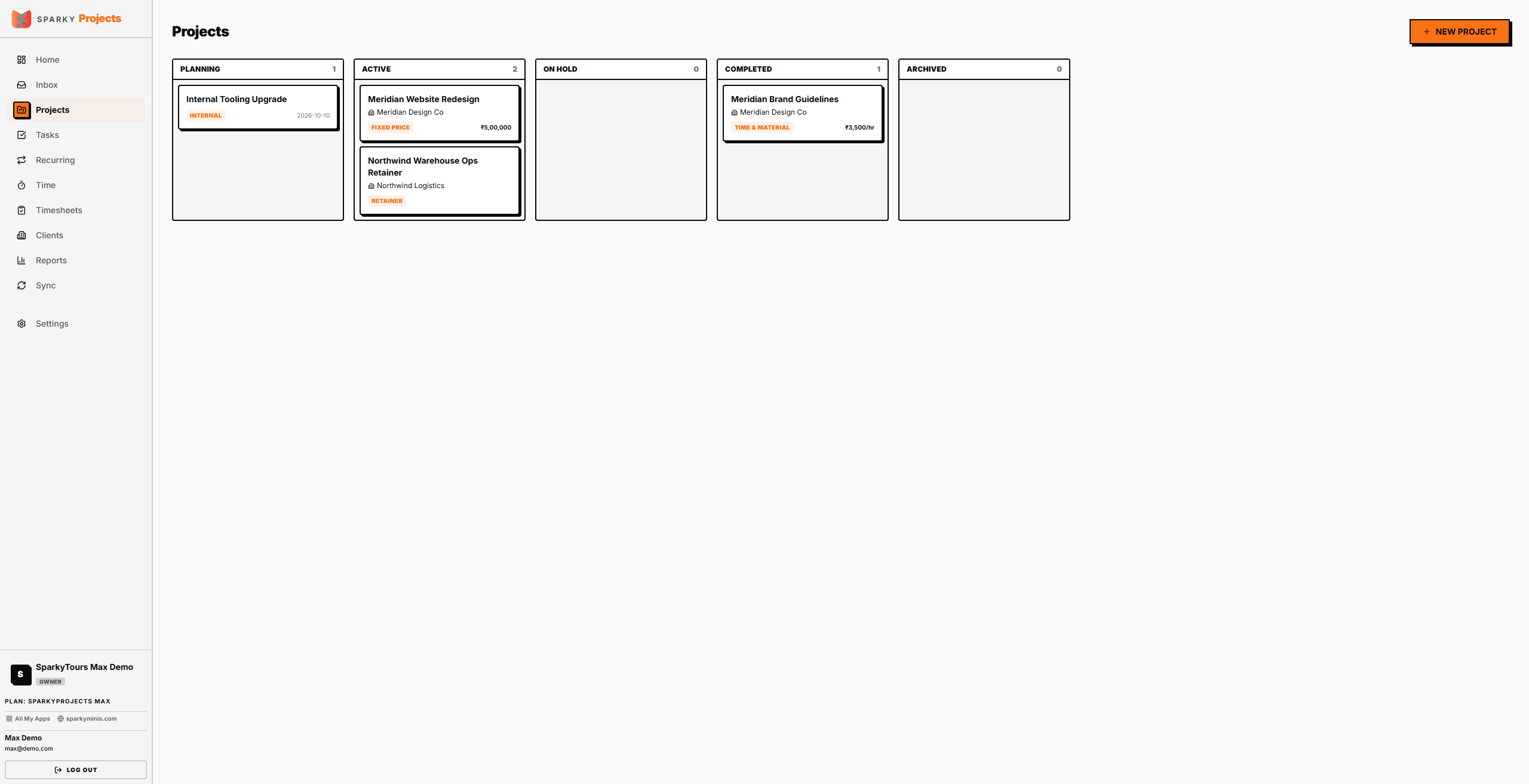 SparkyProjects Kanban board showing projects across planning, active, and completed columns